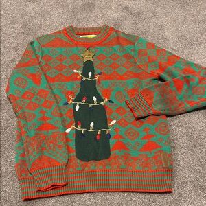 Men's Green & Red Holiday Christmas Sweater with Tree Lights
